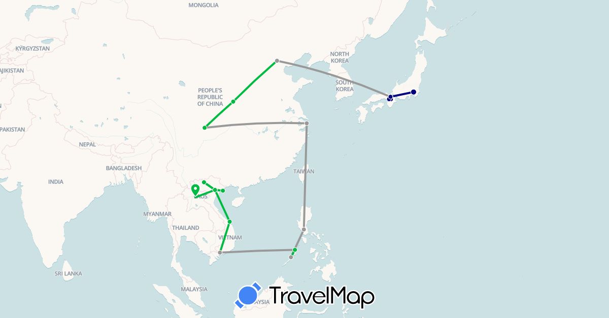 TravelMap itinerary: driving, bus, plane in China, Japan, Laos, Philippines, Vietnam (Asia)